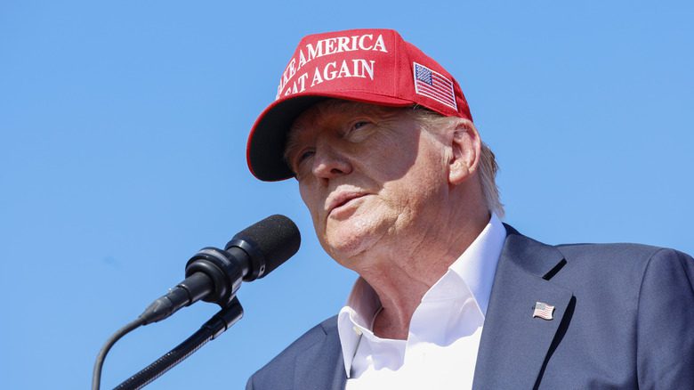 Donald Trump tenant un micro, ciel en arrière-plan, casquette MAGA